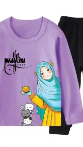 SBA Set Celana Joger Anak Perempuan Motif Gadis Hijab MUSLIM Kaos Atasan Oblong Lengan Panjang Usia 1-11 Thn Baby Terry Lembut