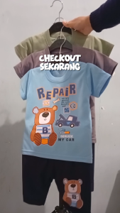 Setelan Baju bayi anak laki laki motif karakter BEAR REPAIR usia baby 3-15 bulan MAX BB 10 KG.