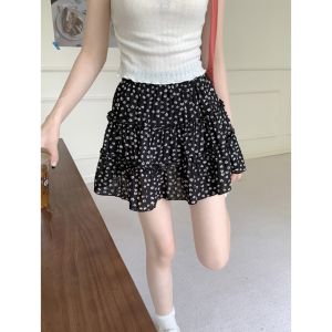 Váy Ngắn Chữ a Cạp Cao Họa Tiết Hoa Màu Đen Cho Nữ Váy Ngắn Kiểu Bánh Sinh Nhật Phong Cách Hàn Quốc Mùa Thu Mới Cho Phụ Nữ Béo