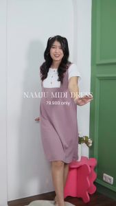 Yoenik Apparel Namju Midi Dress – Midi Dress Lengan Pendek – Dress Korea Kekinian – Baju Busui – Overall Dress
