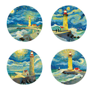 4 pieces of lighthouse printed coasters suitable for daily family party decoration office non-slip wooden coasters