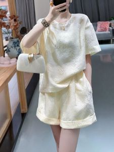 Plus Size Womens Clothing 150.00kg New Chinese Jacquard Short Sleeve Suit Plus Size Ladies Summer Loose Fancy Casual Two-Piece Suit 2