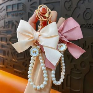 Bow Pearl Chain Keychains Phone Lanyard Keyrings Handbag Pendant Car Key Holder Accessories Gifts