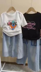 Setelan Rok Denim Anak Perempuan Setelan Rok Cargo Anak Perempuan Oneset Anak Cewek Atasan Lengan Pendek+Rok denim