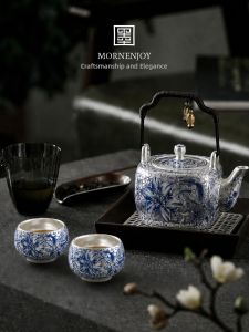mornenjoy | Luxury Silver and Blue Porcelain Tea Set for Elders Teachers Leaders Gift