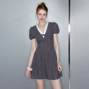unifree | Đầm Ôm V-Neck Phối Ren Họa Tiết Carô Retro