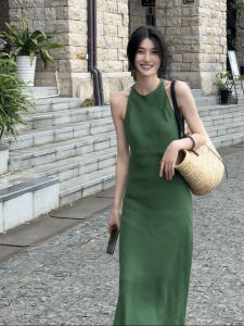YUFUQING | Elegant French Style Summer Dress Womens Sleeveless Slimming Vest Green Long Skirt High Quality Linen Material Commute Style