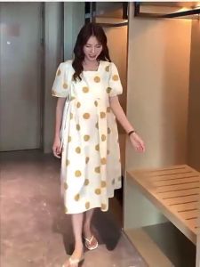 ชุดคลุมท้องสีเหลืองพาสเทล ลายจุดน่ารัก พร้อมส่ง สวมง่าย ใส่สบาย เหมาะสำหรับแม่ๆ ชุดคนท้องน่ารัก YFCQ-1698