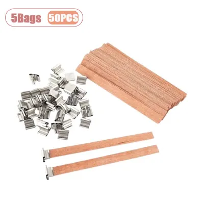 Natural Wooden Candle Wicks Wood Wick with Metal Holders for Soy Wax Candle DIY Candle Making Supplies Aromatherapy Craft