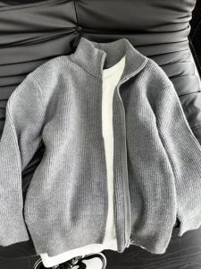 Cleanfit Grey Double Zipper Knitted Mens Sweater Autumn American Style Open Cardigan Jacket Stand Collar High-End Feeling