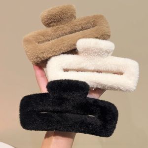 Meradel Large Square Plush Hair Claw for Women New 2023 Style Double Hooked Shark Clip Hair Accessory for Autumn and Winter