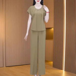 MAIMEI | Ice Silk Cotton Linen Two-Piece Set Womens Fashionable Summer High-End Brand Wide Lady Elegant Stylish Long Pants Short Sleeve