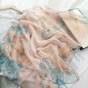 Womens Silk Scarf Spring/Summer Mothers Chiffon Printed Scarf Long Lotus Flower Middle-Aged Decorative Small Gauze Kerchief Sunscreen Shawl