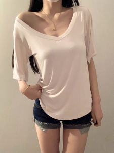 Shoulder-Appropriate Short-Sleeve V-Neck Womens T-Shirt Loose Fit Summer Thin Style Commute Fashion Pure Color 2025 New Arrival