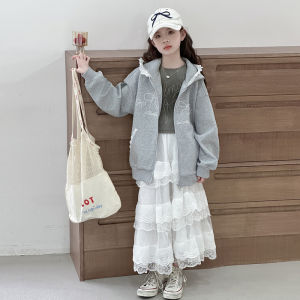 MPW | Girls Spring Autumn Lace Hooded Cardigan Jacket Sweet Stylish Childrens Outerwear Knitted With Pearl Embroidery Zipper Closure