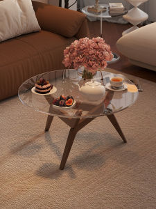 Elegant Glass Coffee Table Small round Wooden Leg Living Room Creative Home Use Vintage Style Tea Table Compact Size