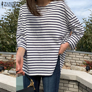 Esolo ZANZEA Women Long Sleeved Striped Printed Smock Blouse Loose O-Neck Plus Tops