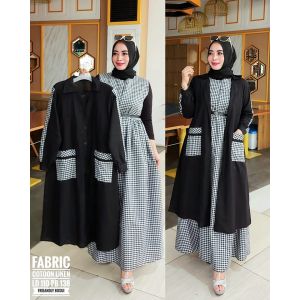 EM Gamis Plus tunik 8766 kotak hitam - Gamis Waita Dewasa - Gamis Maxi - Gamis Kekinian