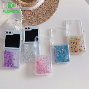 FLOVEME Fashion Glitter Quicksand Clear Phone Case For Samsung Galaxy Z Flip 5 Flip 4 Flip 3 5G INS Style Folding Transparent Hard PC Shockproof Back Cover For Galaxy Z Flip 5 Flip 4 Flip 3