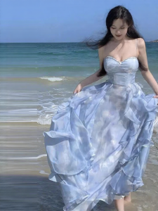 NUMEN BUTTON | Plus Size French Blue Asymmetric Rhinestone Strap Waist-Cinching Dress