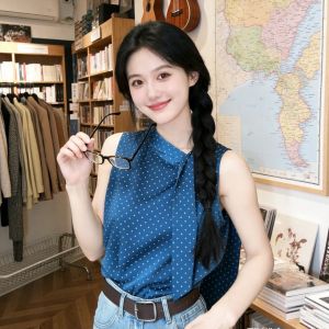 chaqi | Elegant Polka Dot Peacock Blue Halter Tie-up Blouse Women