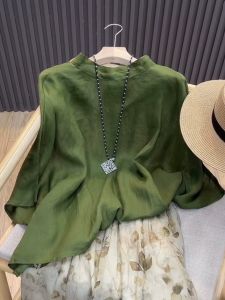 Retro Green Silk Linen Seven Sleeve Womens Summer Lightweight Shirt Fashionable Versatile High-End Feeling Top Commute Style