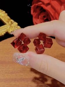 Ankela Red 3D Crystal Geometric Earrings New Year Celebration Luxury Light Elegant Geometric Pattern Womens Ear Studs