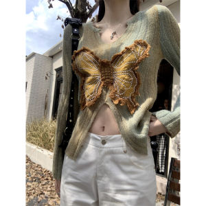 Mùa Thu Nữ Khối Màu Gradient Cổ Chữ V Đồ Len Chia Bướm Nặng Thiết Kế Thời Trang Sành Điệu Áo Thời Trang Mặc Bên Trong Áo Len