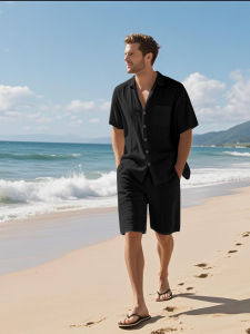 Áo Sơ Mi Nam Vải Lanh Mùa Hè Tay Ngắn Cổ Bẻ Thường Ngày Thoáng Khí Quần Dài Năm Điểm Đi Biển Bộ Đồ