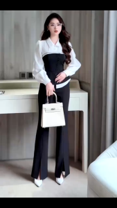 L_ Set thiết kế đồ nữ sang đồ công sở thanh lịch set tiểu thư áo sơ mi tay dài Chéo Rubi Thô hàn kèm quần dài ống loe phong cách Hàn Quốc