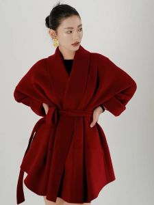 Red Double-Sided Cashmere Coat Womens Autumn Winter New Style Vintage Belted New Year Wedding Small Size Woolen Outerwear