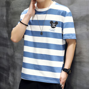 เสื้อยืดแขนสั้นผู้ชายคอตตอนแท้ ทรงหลวม ลายทาง ผ้าไหมน้ำแข็ง แฟชั่นฤดูร้อน 2025 เสื้อยืดคอกลมแขนสั้นใหม่