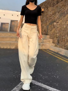 กางเกงขายาวทรงหลวมเอวสูงสไตล์สตรีทสำหรับผู้หญิง กางเกงขายาวทรงตรงทรงหลวมสีพื้น ทรงเข้ารูป ฤดูร้อน 2024 แฟชั่น