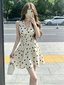 Homecore | Vacation Wear High-End Waisted Sleeveless Polka Dot Halter Neck Dress