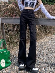 American Style Bell Bottom Denim Jeans Womens Spring Autumn New Retro Spicy High Waist Black Horse Hoof Loose Wide Leg Workwear Pants