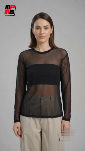 MPMG Sheer Ribbed Long Sleeve Top for Women - Lightweight & Breathable Menswear Shirts