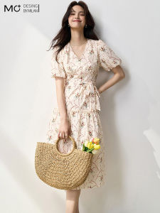 Mo | Elegant Floral Print Midi Dress French Knot V Neck Bubble Sleeve High Waist Cotton Summer Casual A Line Dress For Women