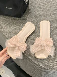 Thin Strip Summer Fairy-Like Slippers with Bow Decor Net Mesh Sandals for Women Anti-Slip Suitable for Beach Vacation Flat Heel Plastic Material