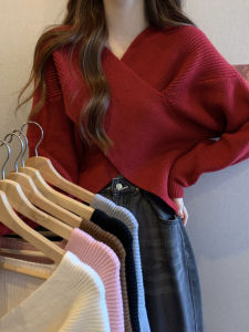 Áo Len Dệt Kim Cổ Chữ V Không Đều Cho Nữ Mùa Đông Rộng Rãi Ngắn Thiết Kế Áo Len Dệt Kim Áo Len Cổ Chữ V Áo Len Dài Tay