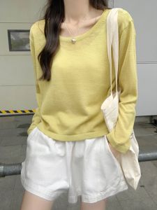 Yellow Lazy Style Sun Protection Ice Silk Thin Long Sleeve Knitted T-Shirt Women Early Autumn Loose Meat Covering Short Top