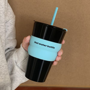 Large Capacity Glass Cup with Straw Portable Summer Cup for Men And Women High Aesthetic Value Creative Heat Resistant Black Glass