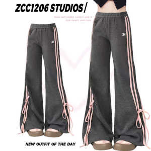 Plus Size American Retro Stripes Bows Lace-up Casual Pants Womens Summer High Waist Easiest for Match Sports Slightly Flared Sweatpants