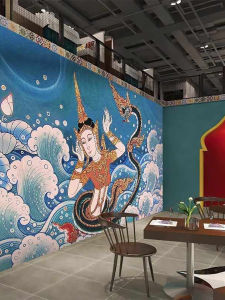 ภาพวาดปลาดุกนางฟ้าสไตล์ไทย กระดาษติดผนังตกแต่ง ร้านนวด ร้านอาหารสุขภาพ วัสดุ PVC ป้องกันน้ำ ป้องกันความชื้น ป้องกันแบคทีเรีย