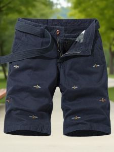 New Mens Embroidered Pure Cotton Workwear Shorts Loose Straight Leg Casual Pants Five-Sixths Length Youthful Summer Fashion