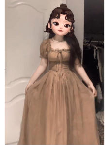 Plus Size French Style Retro Fancy Square Collar Dress Womens Summer Slimming Waist-Tight Elegant Chiffon Long Fairy Dress