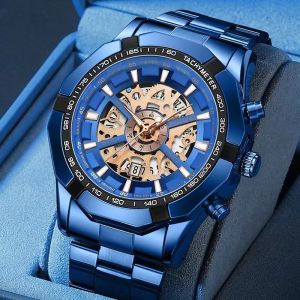 Binbond Mens Watches Top Brand Luxury Stainless Steel Waterproof Hollow Out Blue Big Male Wristwatches Relogio Masculino 2023