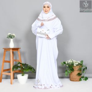 Mukena Terusan Dewasa Katun Premium Motif Kalung Mukenah Lajuran Putih Motif Printing