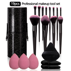 19PCS set of 12 makeup brush sets +3pcs triangular powder puff +3pcs non-powder makeup egg +1pcs makeup brush storage bucket
