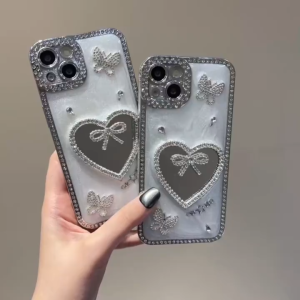 3D Rhinestone Heart-Shaped Mirror Dropper Phone Case for iPhone 13 14 15 16 17 Pro Max Casing Diamond Edge Electroplating Cover for iPhone 15 Pro Max Case