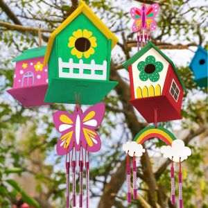 4 Pack DIY Bird House Wind Chime Kit Crafts for Kids Ages 4-8-Build and Paint Birdhouses Wooden Arts Kits Easter Basket Stuffers Gifts for Girls Kids Boys Toddlers